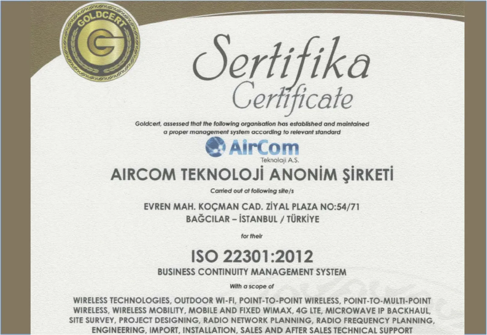 شهادة جودة ISO 22301 لاستمرارية الأعمال لتقنية AirCom!